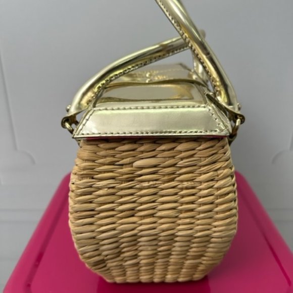 Kate Spade Natural Wicker & Gold Leather Picnic Basket Handbag - Picture 4 of 6